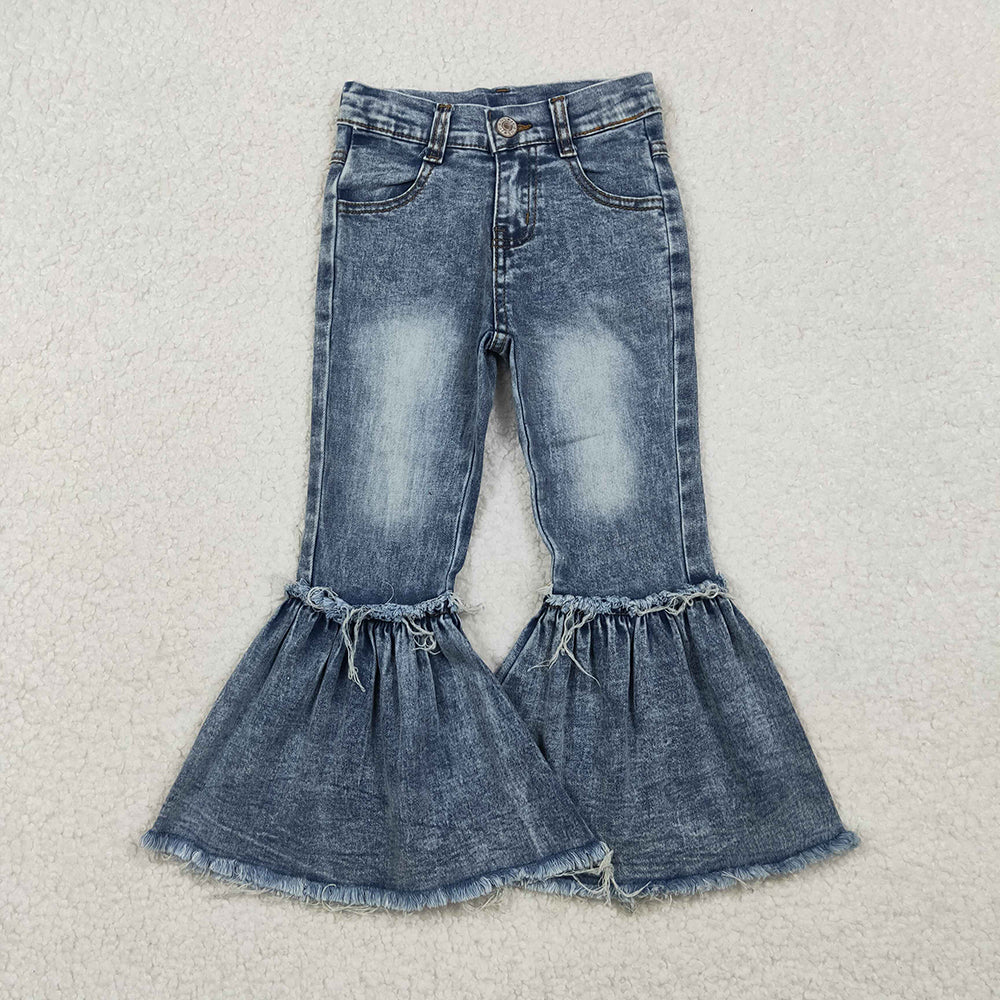 P0676 Blue Bleached Denim Bell Bottom Jeans Girls Pants