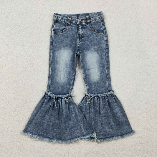 P0676 Blue Bleached Denim Bell Bottom Jeans Girls Pants