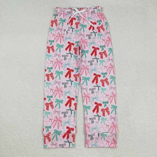 P0766 Adult Green Pink Red Bows Print Woman Christmas Bottom Pajamas Pants