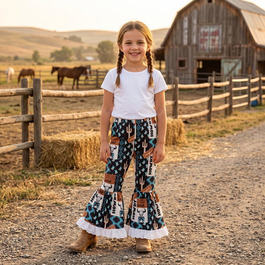 P0781 Cowgirls Wild West Aztec Bell Bottom Pants With Lace Ruffle