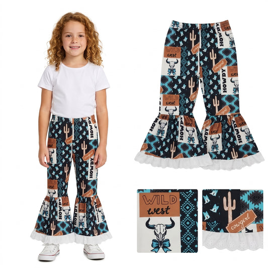 P0781 Cowgirls Wild West Aztec Bell Bottom Pants With Lace Ruffle