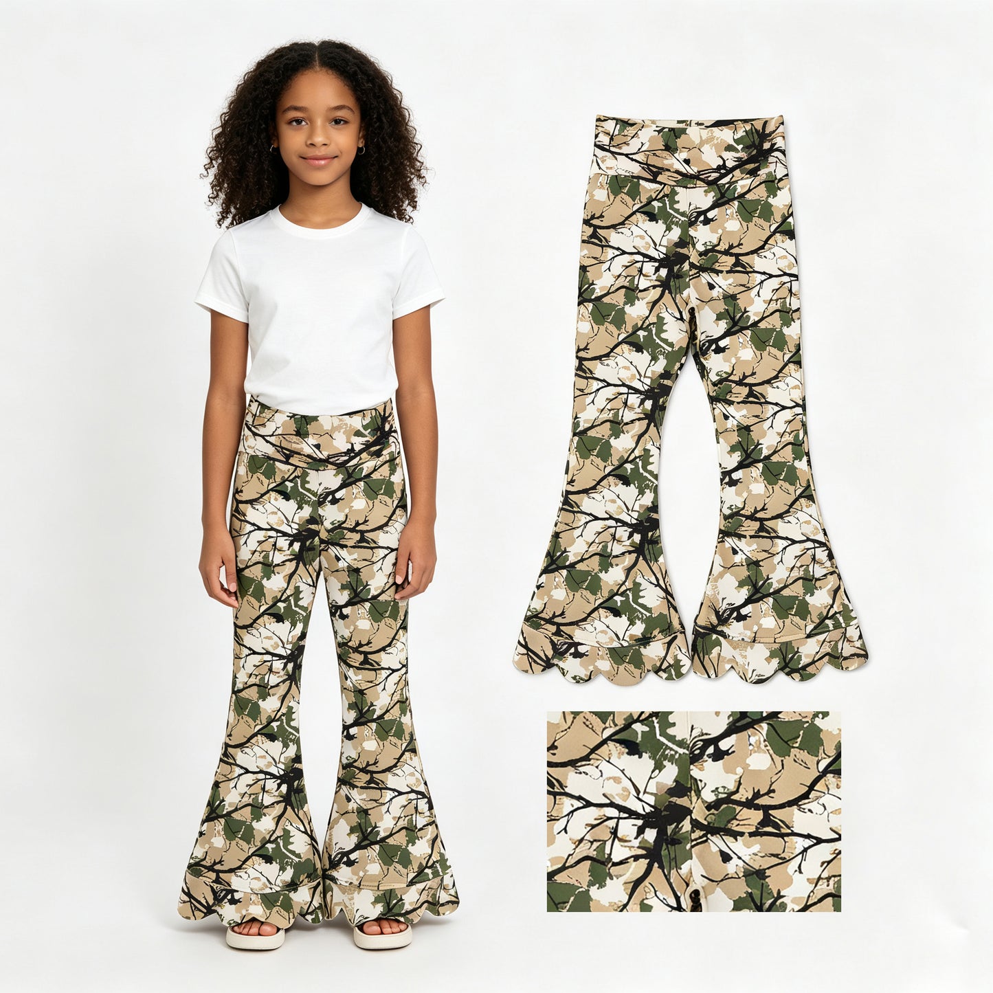 P1035 Branch Camo Girls Scallop Edge Bell Bottom Pants