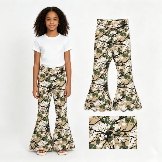 P1035 Branch Camo Girls Scallop Edge Bell Bottom Pants