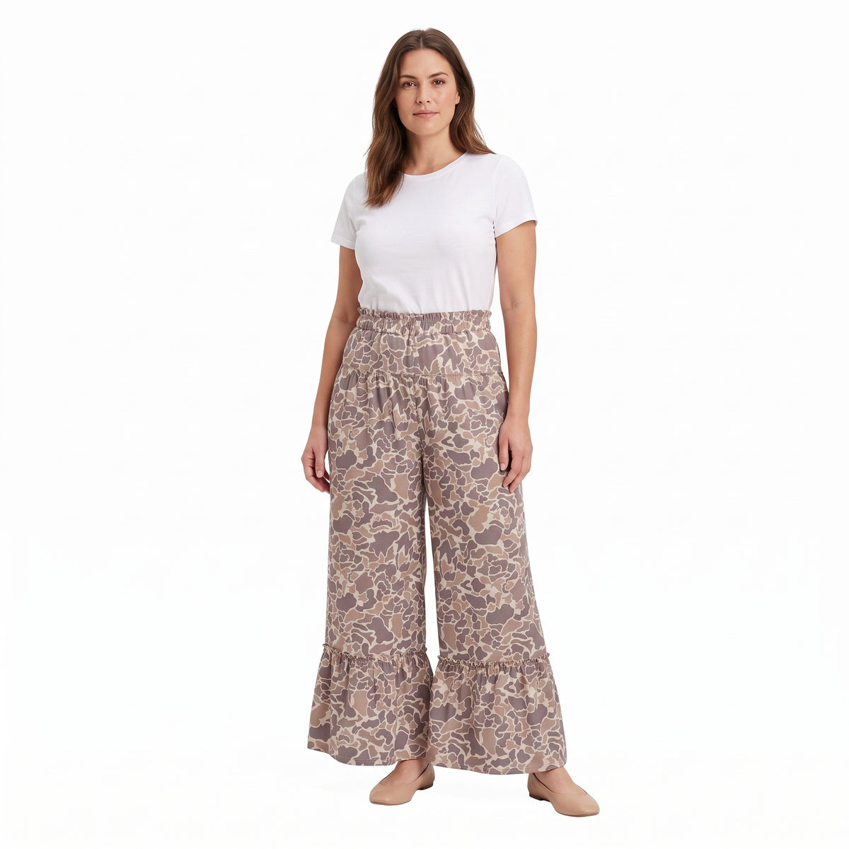 P1053 Adult Brown Camo Print Ruffle Flare Active Woman Bottom Yoga Pants