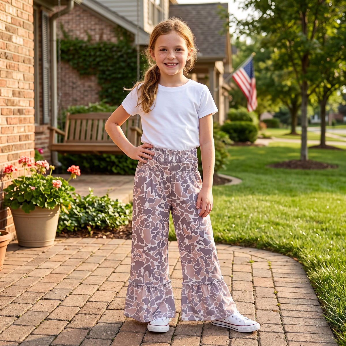 P1056 Brown Camo Print Ruffle Flare Active Girls Bottom Yoga Pants