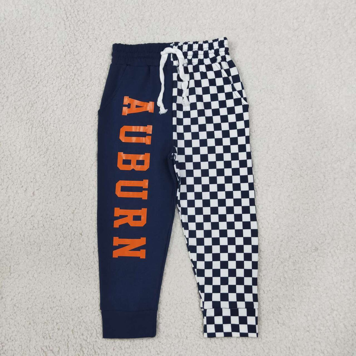 BSPO0694 Teams AU Vinyl Navy Top Auburn & Checkered Split Joggers Kids Clothes Set
