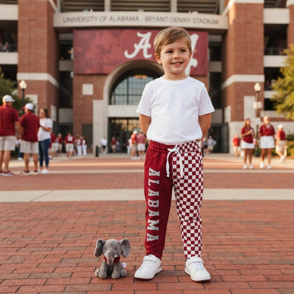 P1060 Teams Alabama Vinyl & Checkered Print Kids Bottom Joggers Split Pants