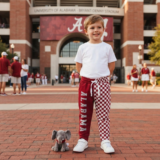 P1060 Teams Alabama Vinyl & Checkered Print Kids Bottom Joggers Split Pants