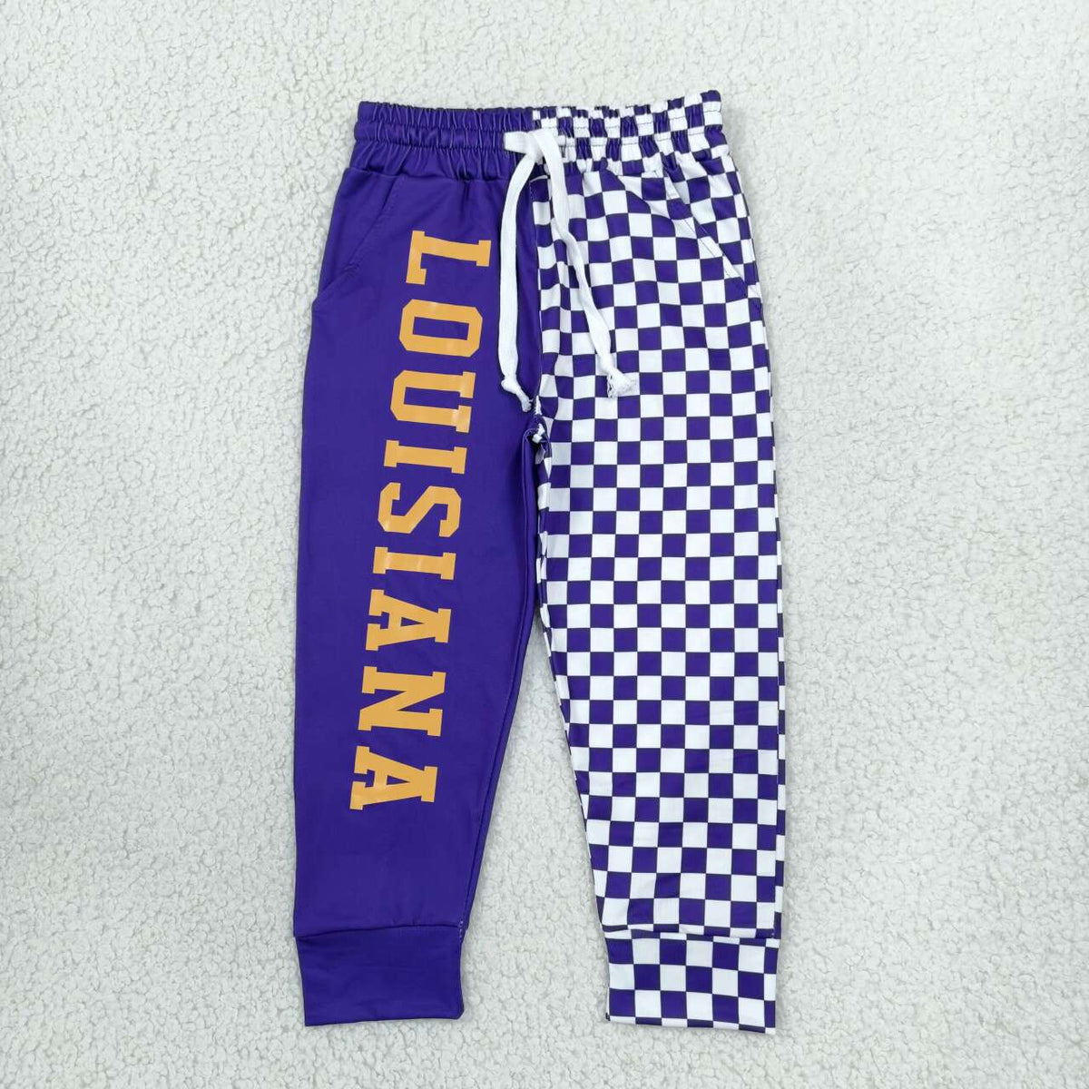 P1061  Teams Louisiana Vinyl & Checkered Print Kids Bottom Joggers Split Pants