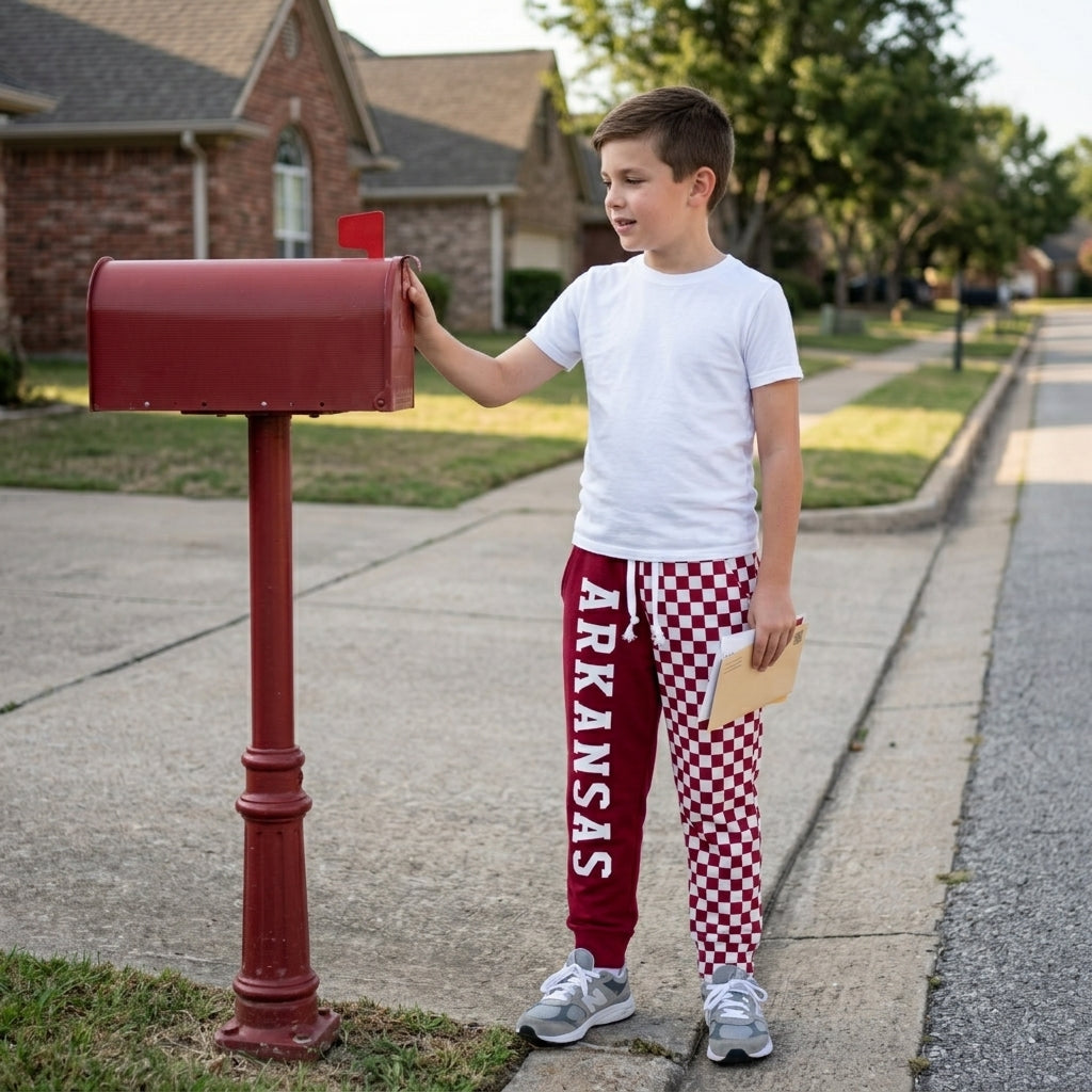 P1062  Teams Arkansas Vinyl & Checkered Print Kids Bottom Joggers Split Pants