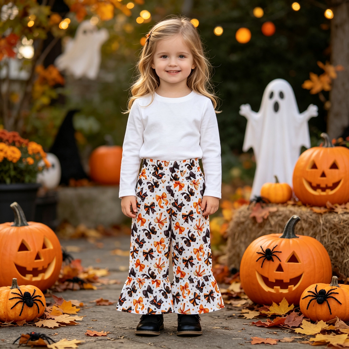 P1068 Orange Black Bow Star Print Girls Halloween Wide Leg Ruffle Pants