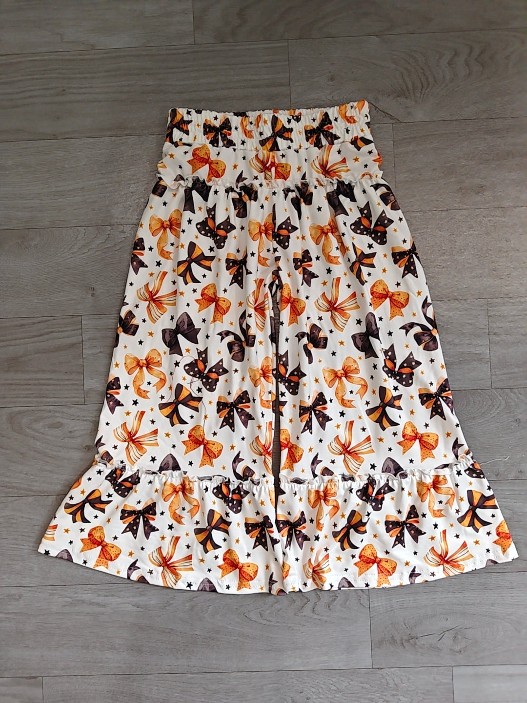 7.6 Preorder KIds Girls Halloween Orange Black Bow Star Print Wide Leg Pants