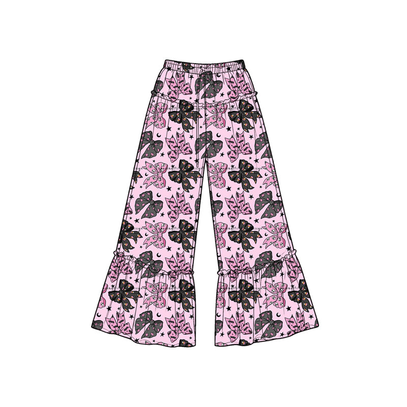 7.6 Preorder KIds Girls Pink Base Black Bow Moon Star  Print Wide Leg Pants