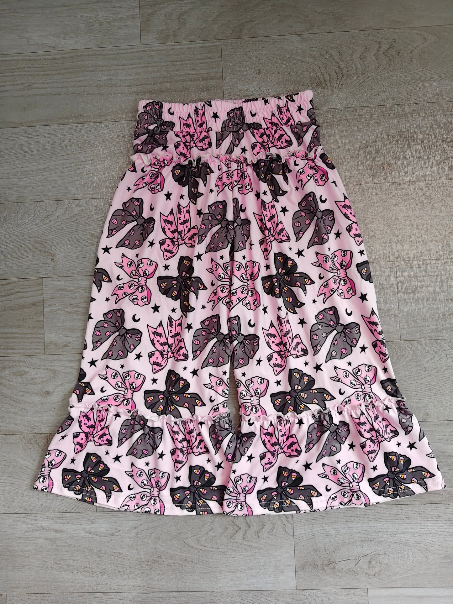 7.6 Preorder KIds Girls Pink Base Black Bow Moon Star  Print Wide Leg Pants