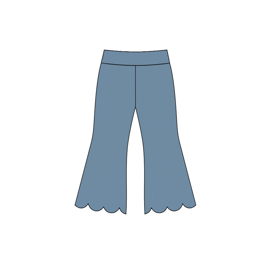 7.14 P1077 Preorder Blue Cotton Girls Scallop Edge Bell Bottom Pants