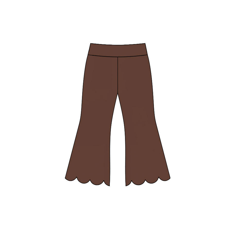 7.14 P1085 Preorder Brown Cotton Girls Scallop Edge Bell Bottom Pants