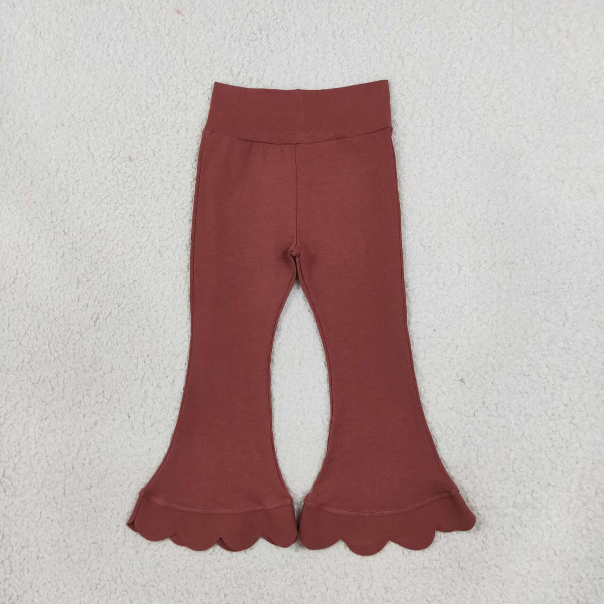 P1085 Brown Cotton Girls Scallop Edge Bell Bottom Pants