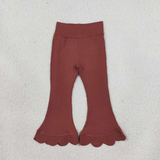 P1085 Brown Cotton Girls Scallop Edge Bell Bottom Pants