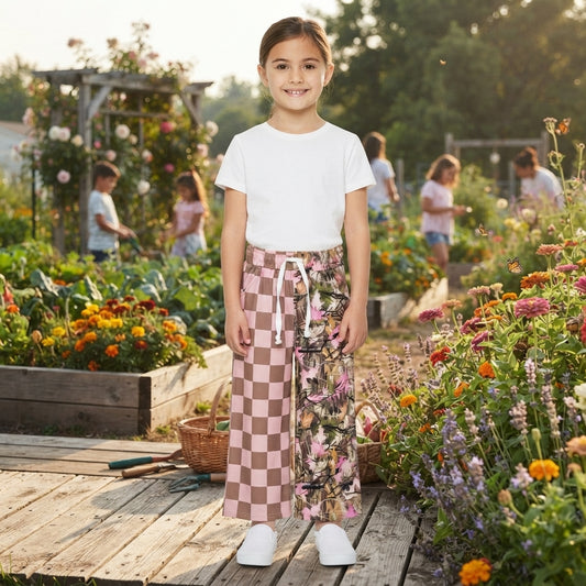 P1093  Pink Checkered Branch Camo Print Girls Bottom Pockets Split Straight Pants