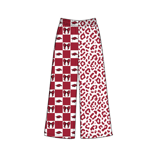 8.3 P1117 Preorder Adult Teams Arkansas Bows Checkered Leopard Print Woman Bottom Pockets Straight Pants