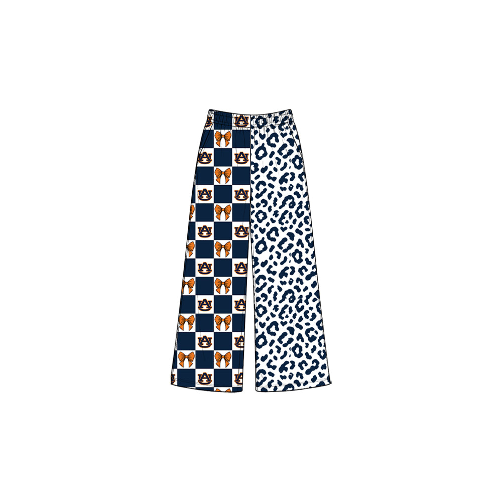 8.3  P1120 Preorder Teams Auburn Bows Checkered Leopard Print Girls Bottom Pockets Straight Pants