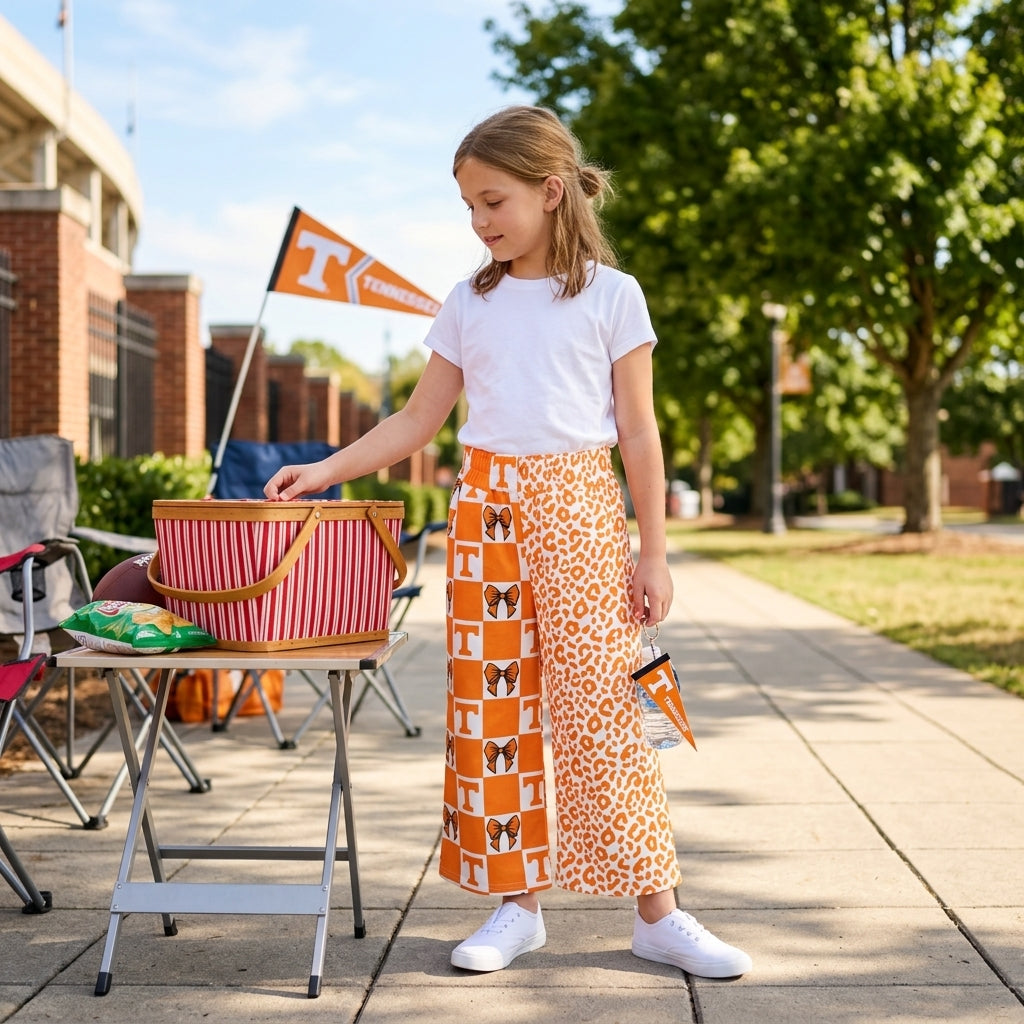 P1121 Teams Tennessee Bows Checkered Leopard Print Girls Bottom Pockets Straight Split Pants