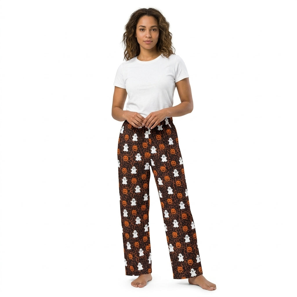 P1131 Adult Ghost Pumpkin Leopard Print Pockets Woman Halloween Straight Pants