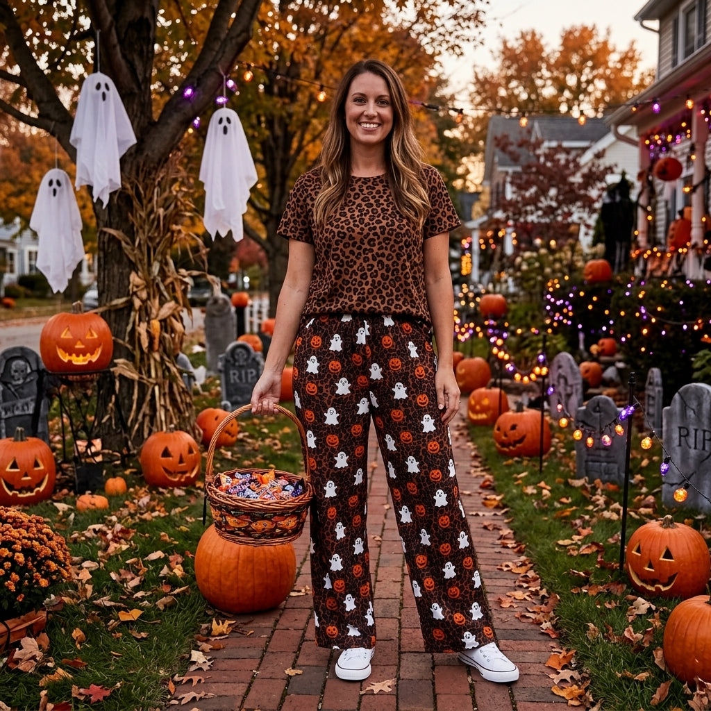 P1131 Adult Ghost Pumpkin Leopard Print Pockets Woman Halloween Straight Pants