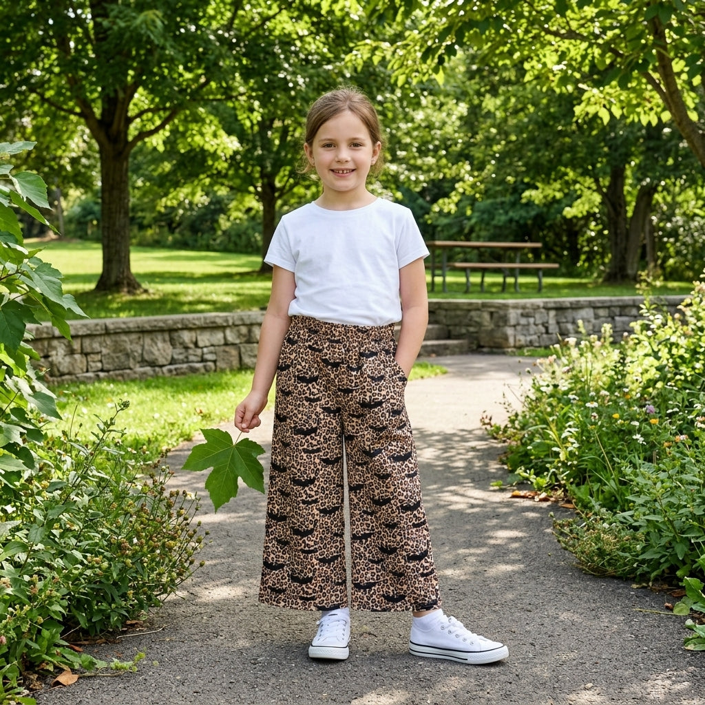 P1133 Bat Leopard Print Pockets Baby Girls Halloween Straight Pants