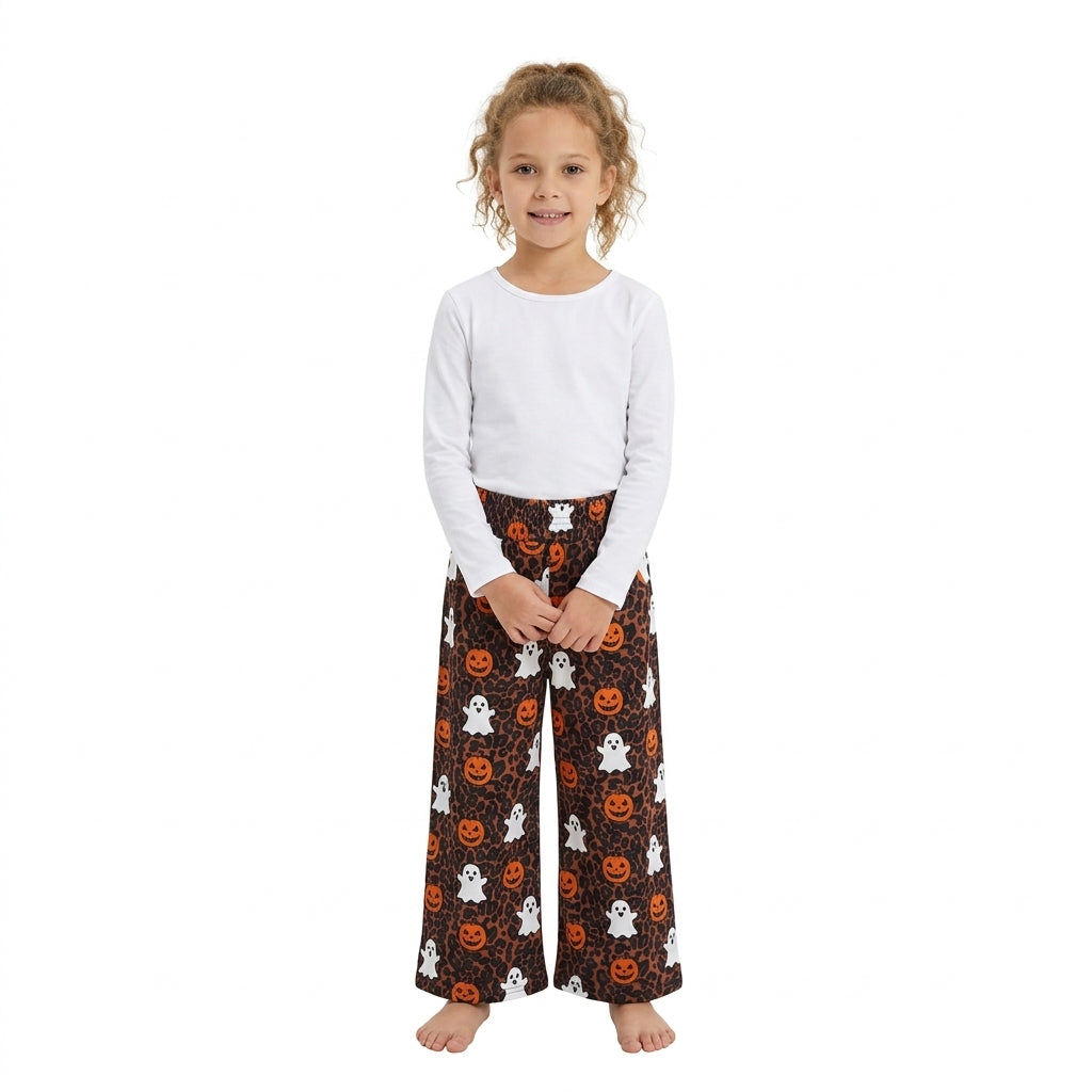 P1135 Ghost Pumpkin Leopard Print Pockets Baby Girls Halloween Straight Pants