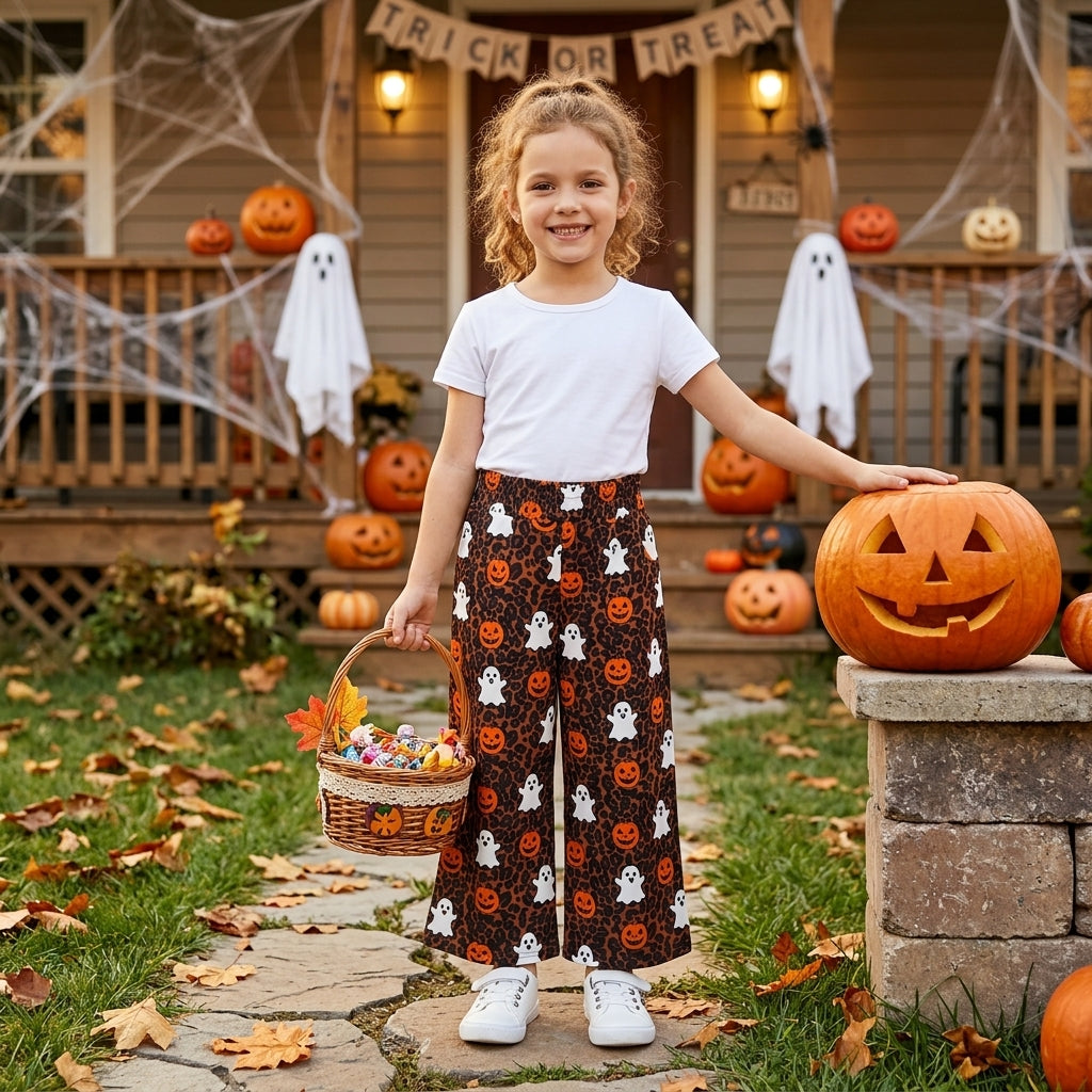 P1135 Ghost Pumpkin Leopard Print Pockets Baby Girls Halloween Straight Pants
