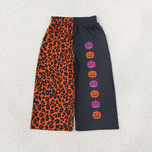 P1136 Leopard & Pumpkin Print Baby Girls Halloween Wide Leg Straight Split Pants