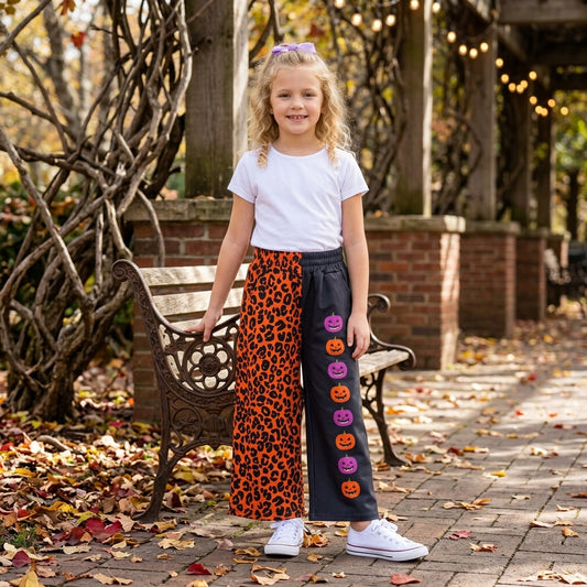P1136 Leopard & Pumpkin Print Baby Girls Halloween Wide Leg Straight Split Pants