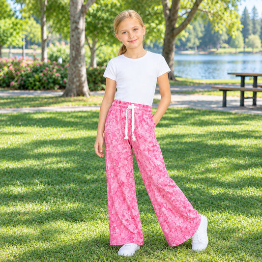 P1137 Pink Branch Print Girls Bottom Pockets Straight Pants