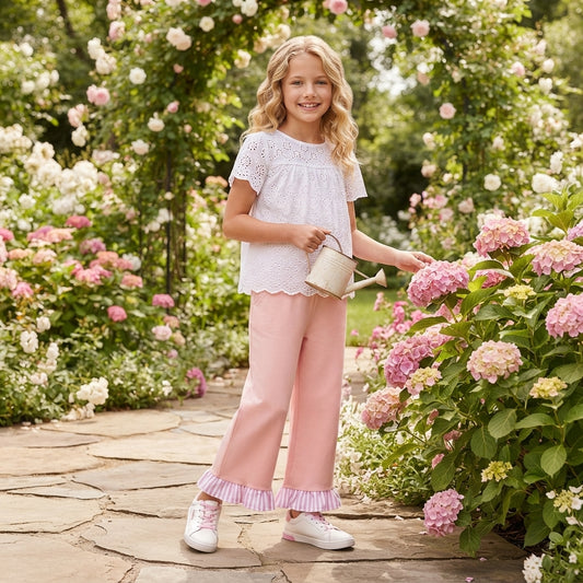 P1151 Pink Girls Wide Leg With Beige Stripe