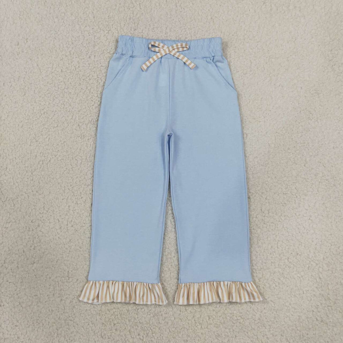 P1152 Girls Light Blue Bottom Pockets Pants with Green Striped Ruffle