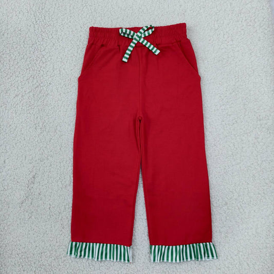 P1153 Kids Girls Christmas Red Bottom Pockets Pants with Green Striped Ruffle
