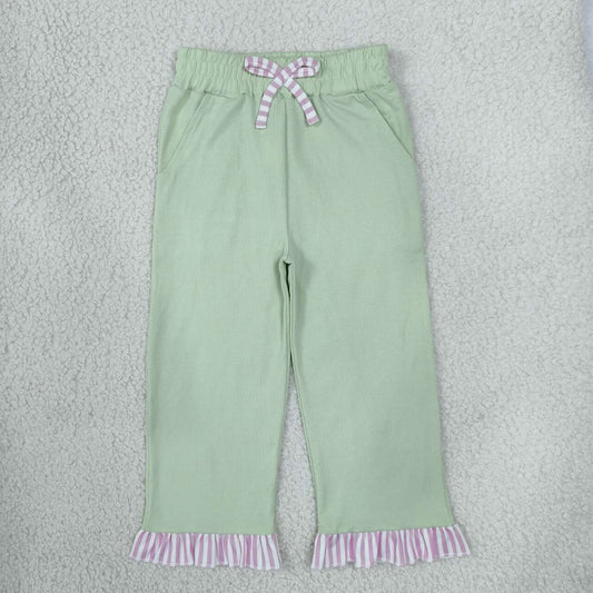 P1156 Girls Light Green Girls Wide Leg with Pink Stripe