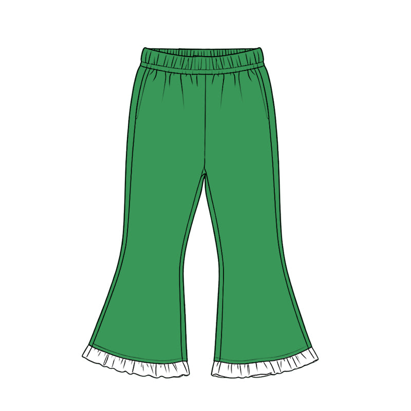 8.19 Preorder Girls Green Cotton White Ruffle Bell Bottom Pants