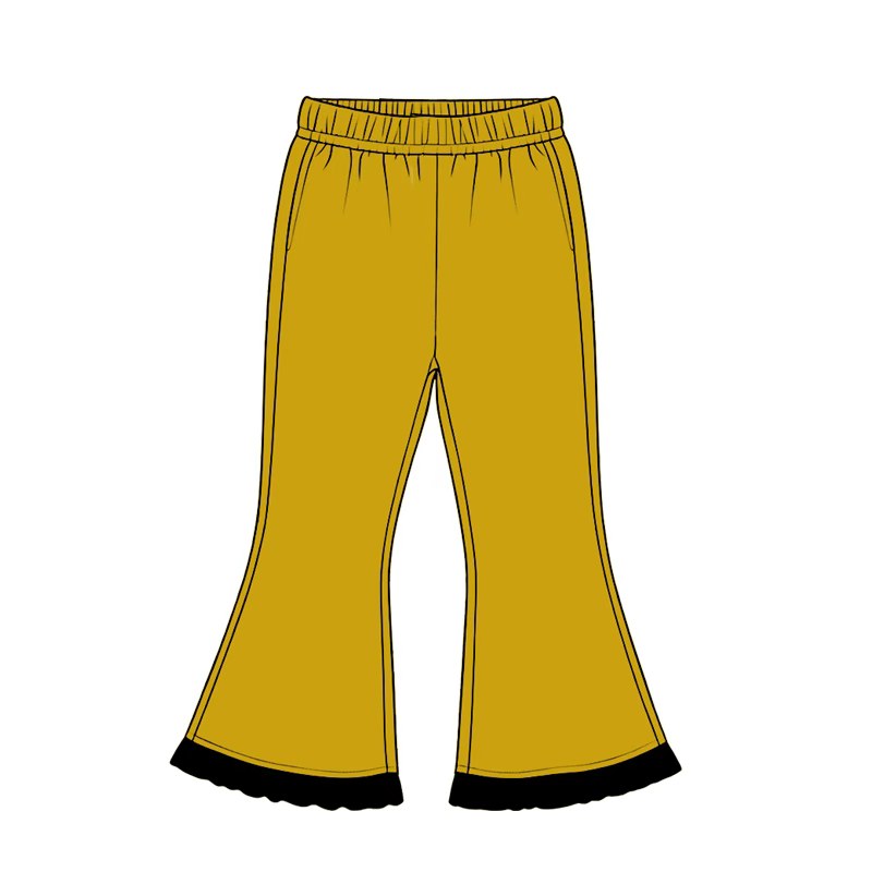8.19 Preorder Kids Girls Mustard Contrast Black Ruffle Hem Flare Pants