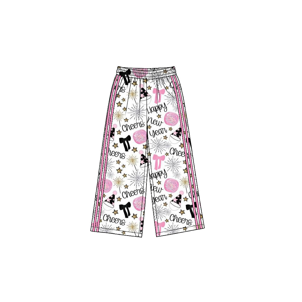 8.19 P1172 Preorder Cheers Stars Pink Bows Print Girls Happy New Year Bottom Straight Yoga Pants