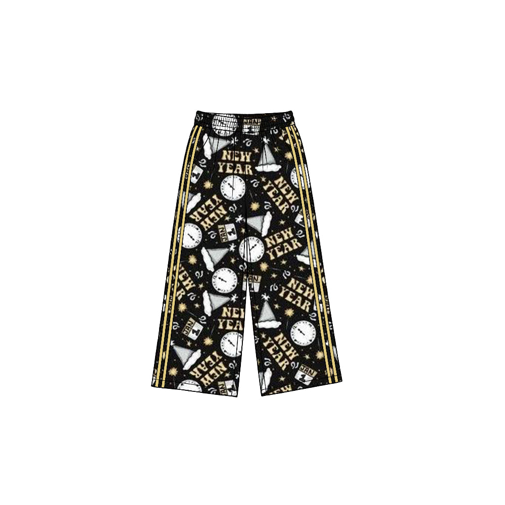 8.19 P1173 Preorder Jan 1 Stars Black Print Girls Happy New Year Bottom Straight Yoga Pants