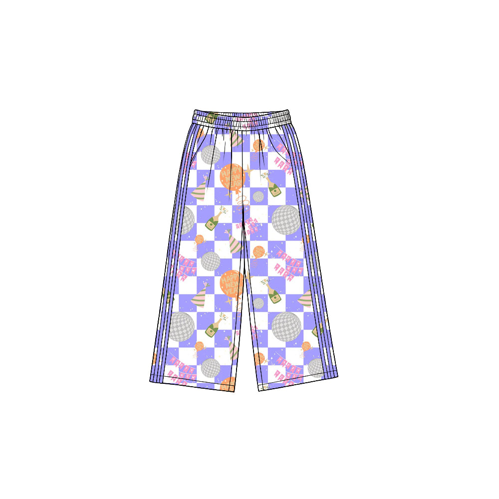 8.19 P1176 Preorder Cheers Purple Checkered Print Girls Happy New Year Bottom Straight Yoga Pants