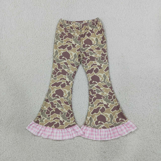 P1183 Brown Camo Pink Gingham Print Girls Ruffle Bell Bottom Pants