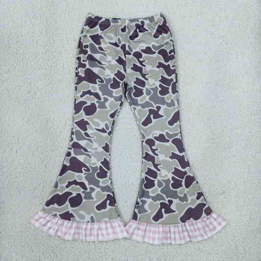 P1184 Dark Brown Camo Pink Gingham Print Girls Ruffle Bell Bottom Pants