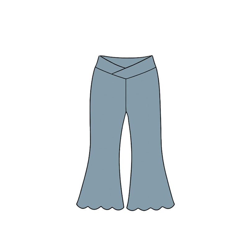 8.26 Preorder P1217  Kids Girls  Light Blue Cross Wrap Waist Scalloped Flare Bell Bottom Active Pants