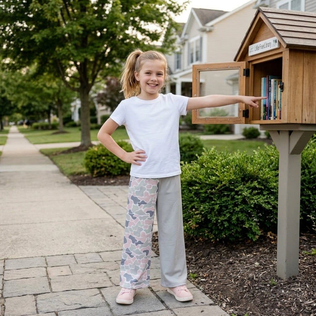P1226 Grey Khaki Camo Print Girls Bottom Straight Split Pants
