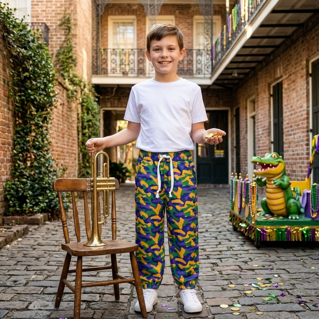 P1248 Purple Green Yellow Camo Print Baby Boys Bottom Mardi Gras Jogger Pants