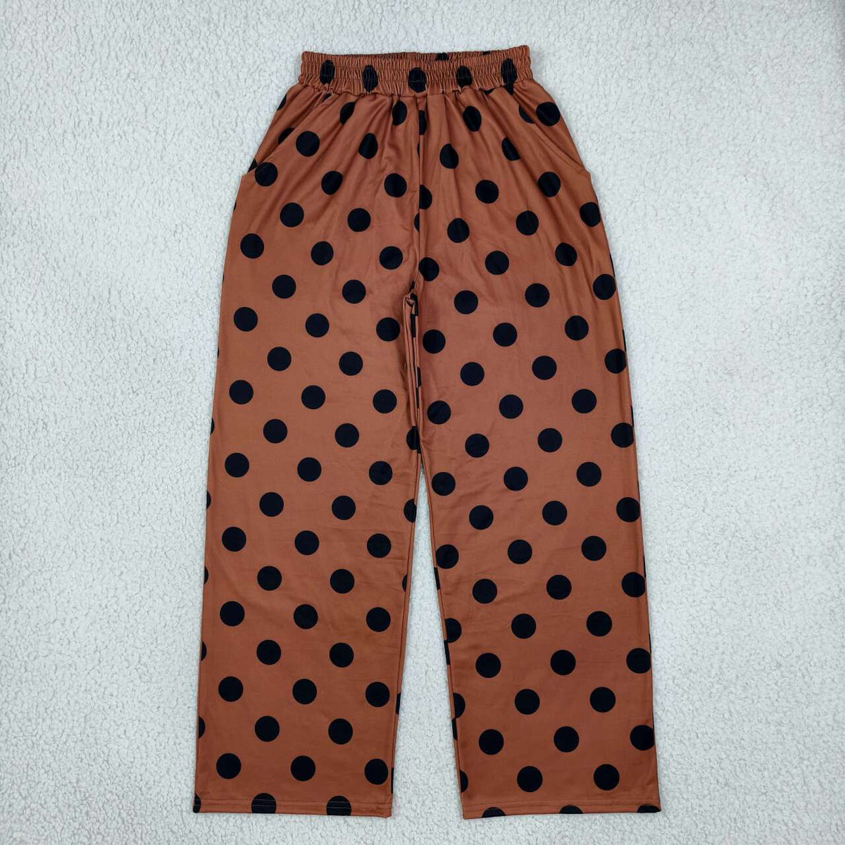 P1250 Adult Brown Dots Print Pockets Woman Bottom Straight Pants