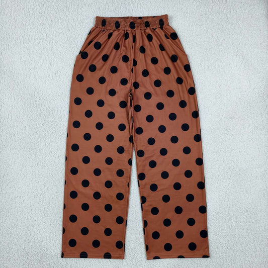 P1250 Adult Brown Dots Print Pockets Woman Bottom Straight Pants